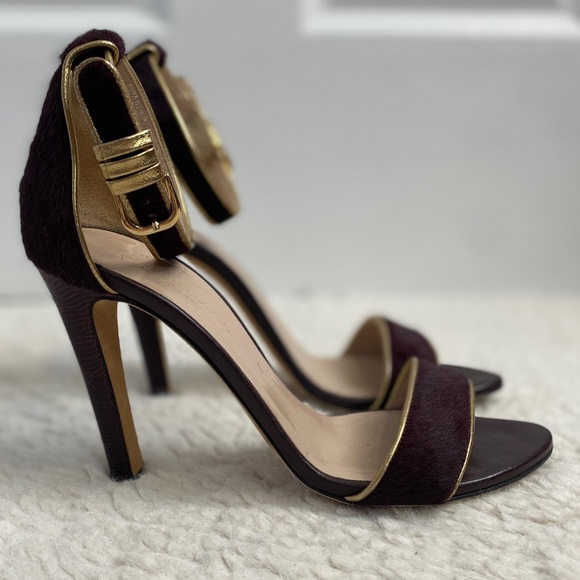 Club Monaco Casey Stiletto Heel Sandals Burgundy Calf Hair Gold Trim 37.5 US 7 - Picture 9 of 11